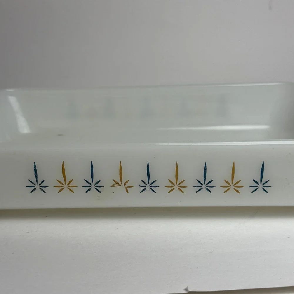 Vintage Fire-King Atomic Star Milk Glass Baking Dish Rectangular 1.5 Qt MCM
